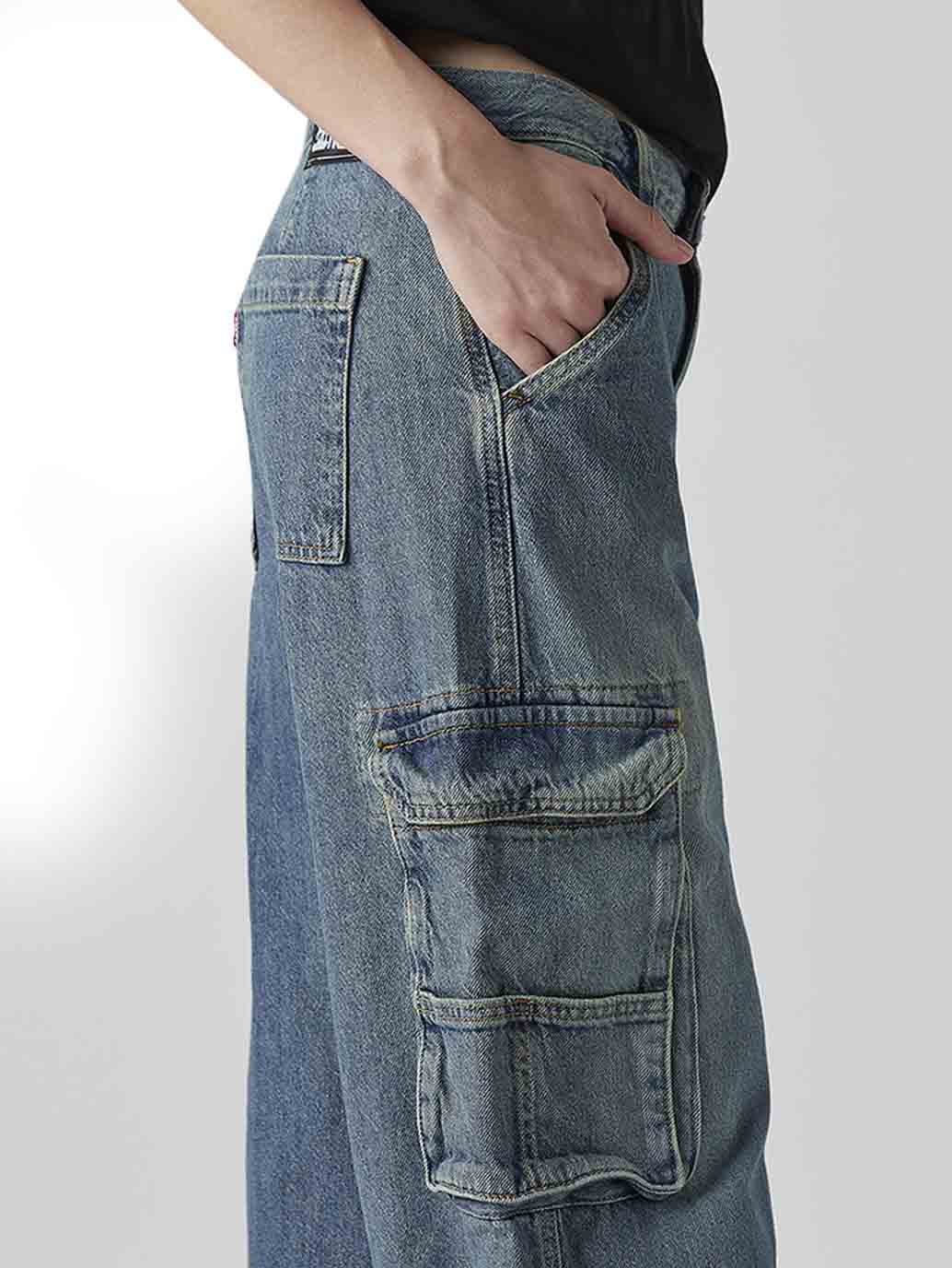 Women's Blue XL Straight Loose Fit Mid Rise Cargo Jeans