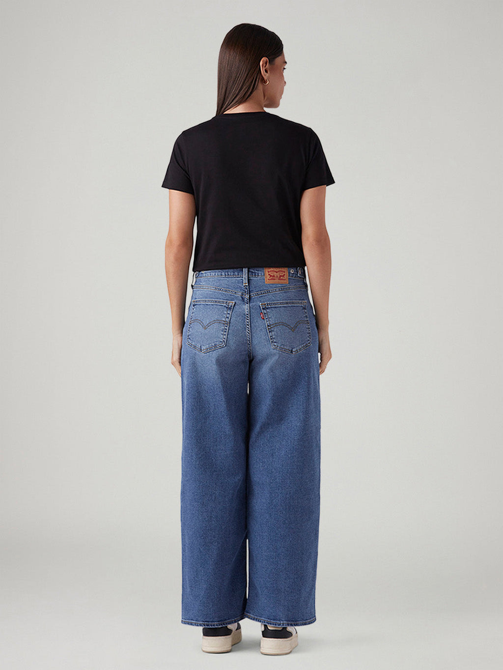 Women's Blue Wide Leg Fit Mid Rise Cinched Jeans