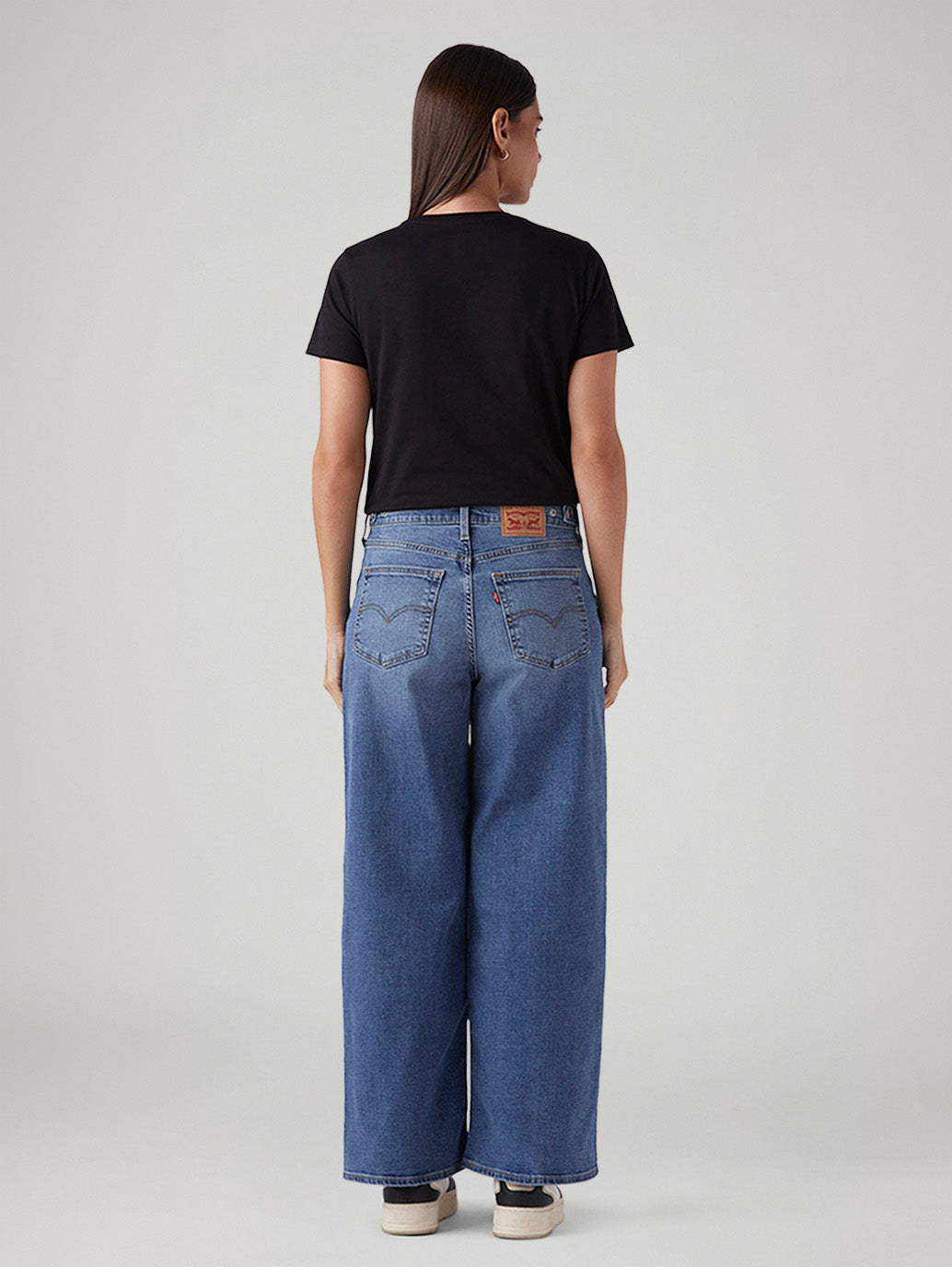Women's Blue Wide Leg Fit Mid Rise Cinched Jeans