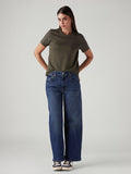 Women's Blue Wide Leg Fit Mid Rise Cinched Jeans