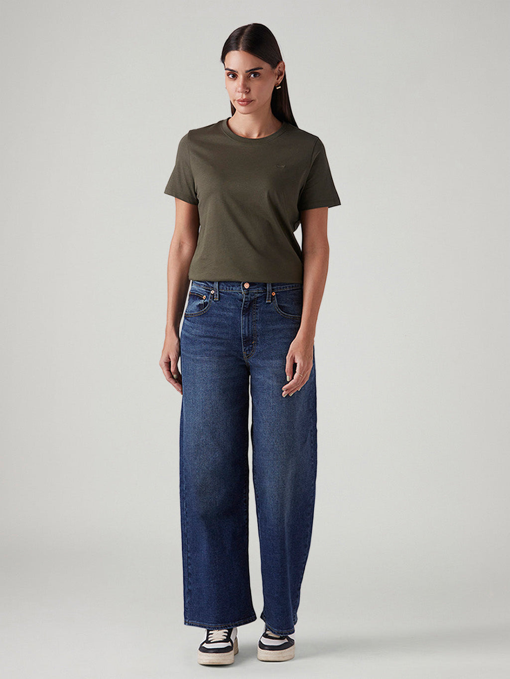 Women's Blue Wide Leg Fit Mid Rise Cinched Jeans