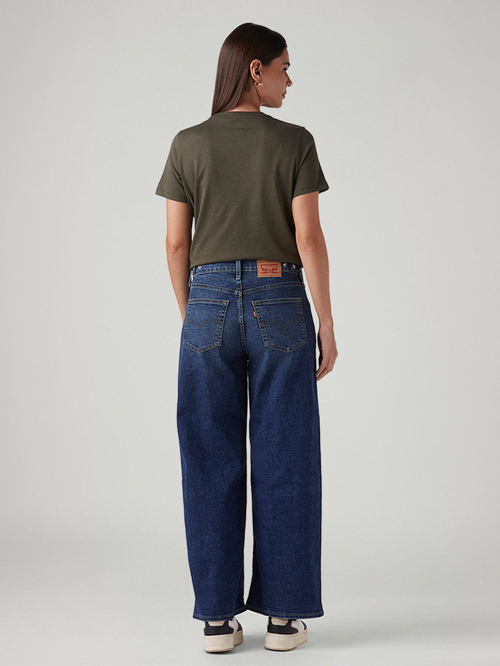 Women's Blue Wide Leg Fit Mid Rise Cinched Jeans