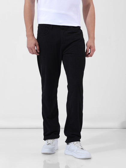 Men's Black Straight Fit Textured Casual Trouser