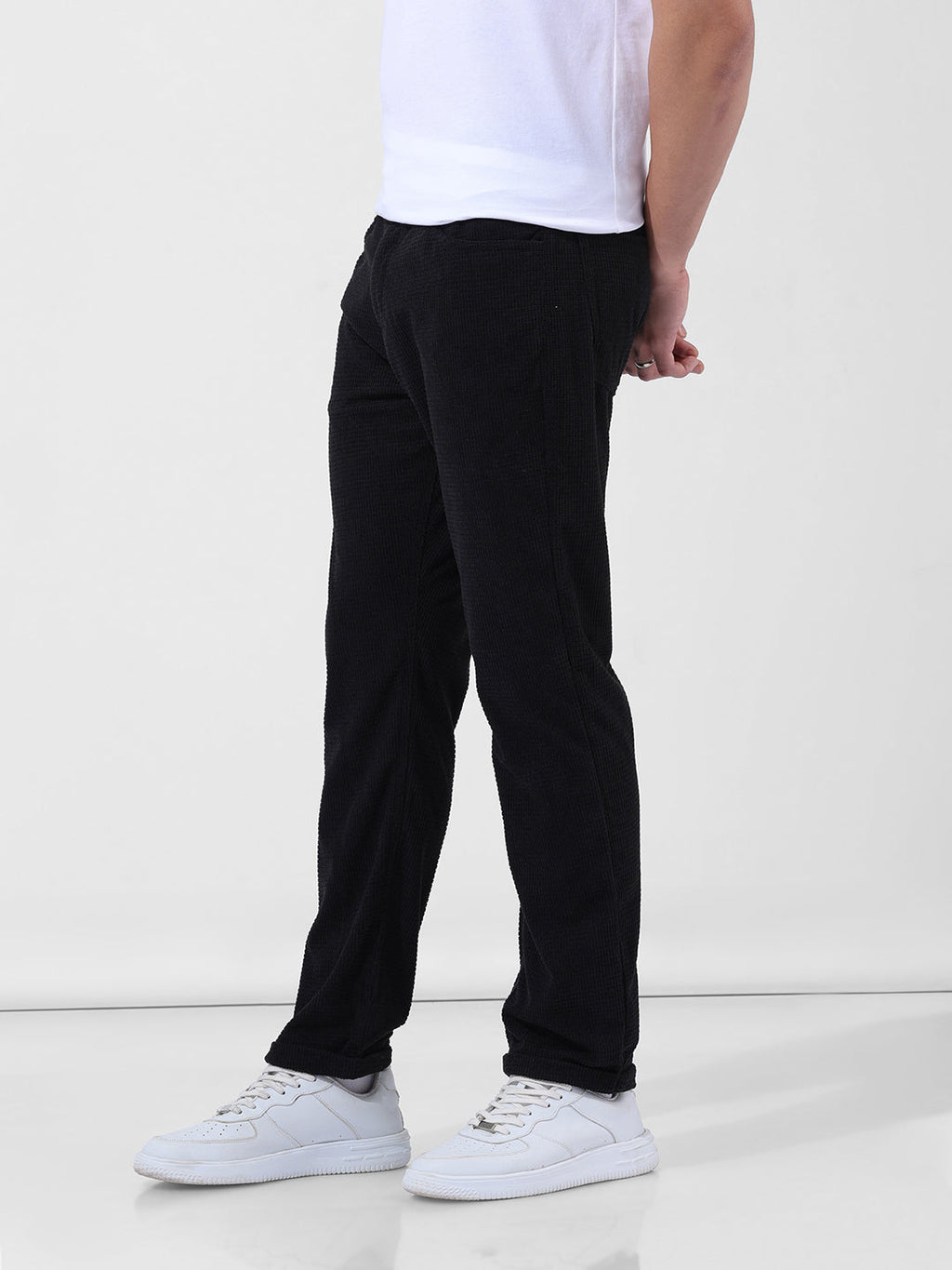 Men's Black Straight Fit Textured Casual Trouser