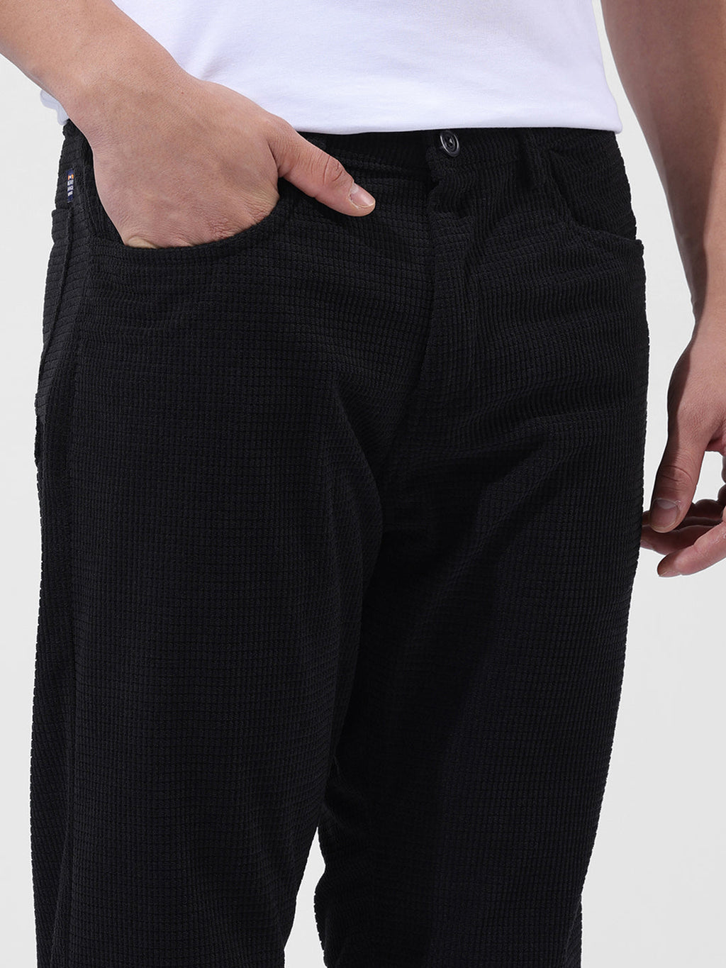 Men's Black Straight Fit Textured Casual Trouser
