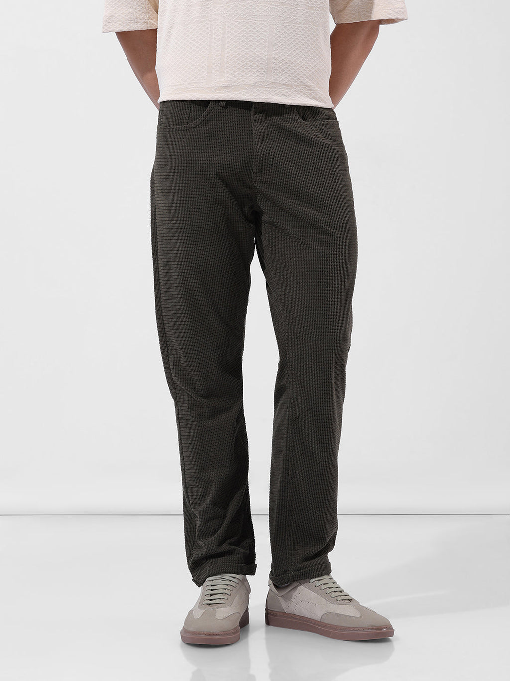 Men's Dark Olive Straight Fit Textured Casual Trouser
