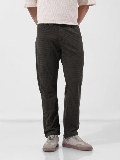 Men's Dark Olive Straight Fit Textured Casual Trouser