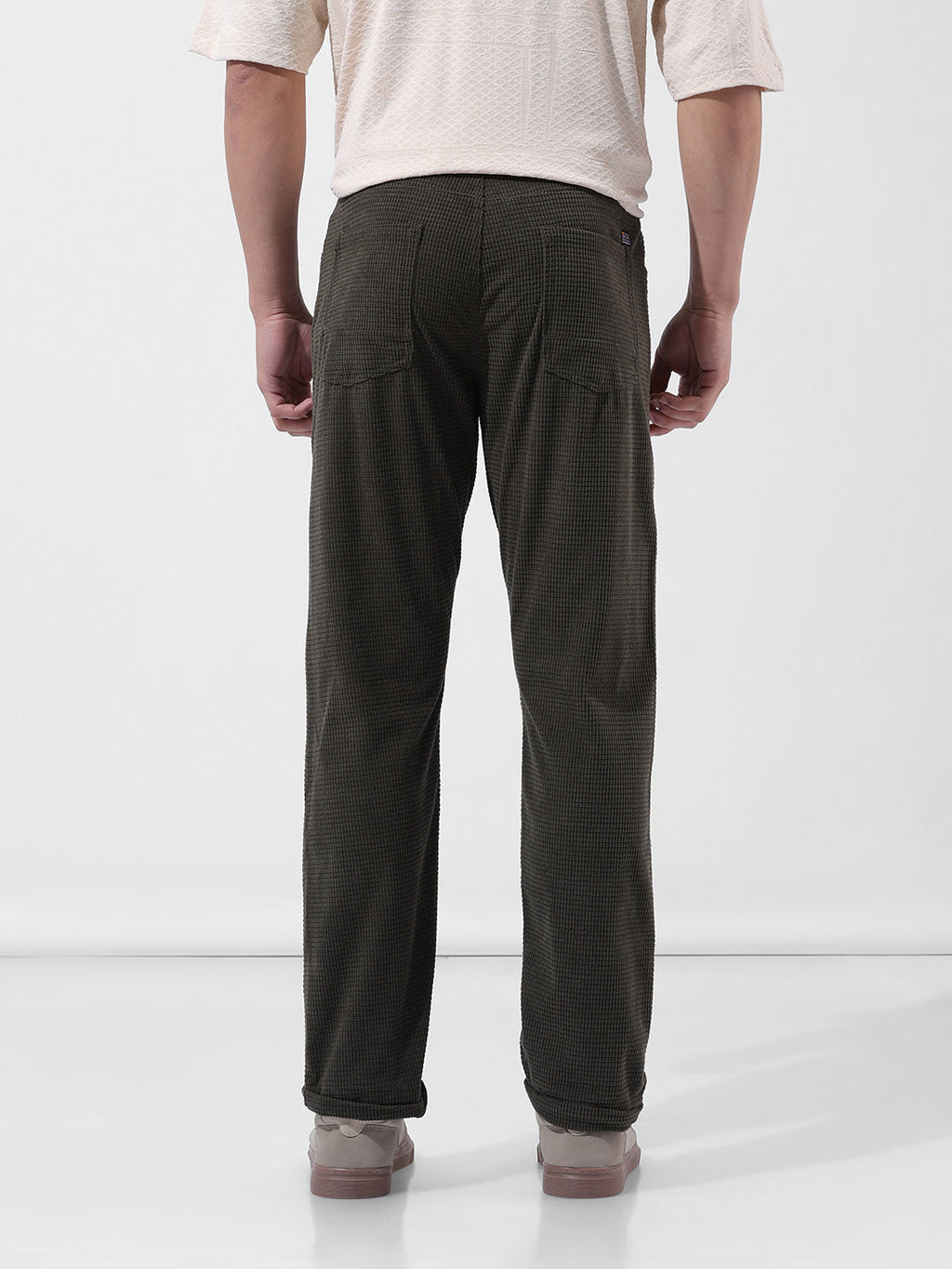 Men's Dark Olive Straight Fit Textured Casual Trouser