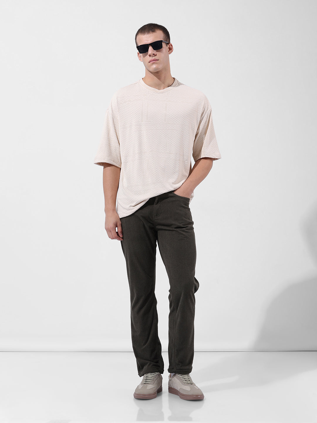 Men's Dark Olive Straight Fit Textured Casual Trouser
