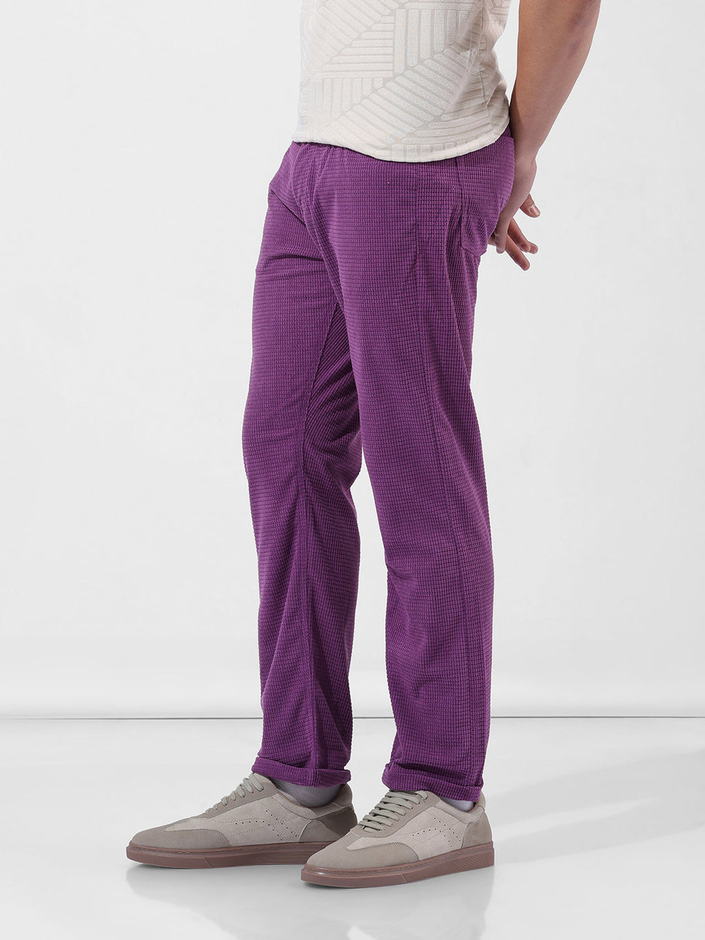 Men's Dusty Grape Straight Fit Textured Casual Trouser