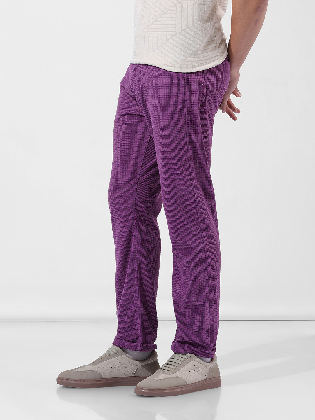 Men's Dusty Grape Straight Fit Textured Casual Trouser