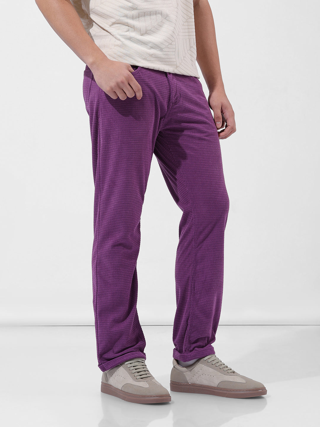 Men's Dusty Grape Straight Fit Textured Casual Trouser