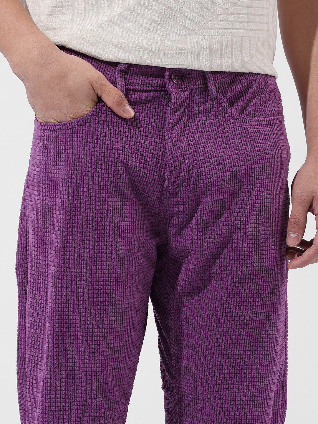 Men's Dusty Grape Straight Fit Textured Casual Trouser