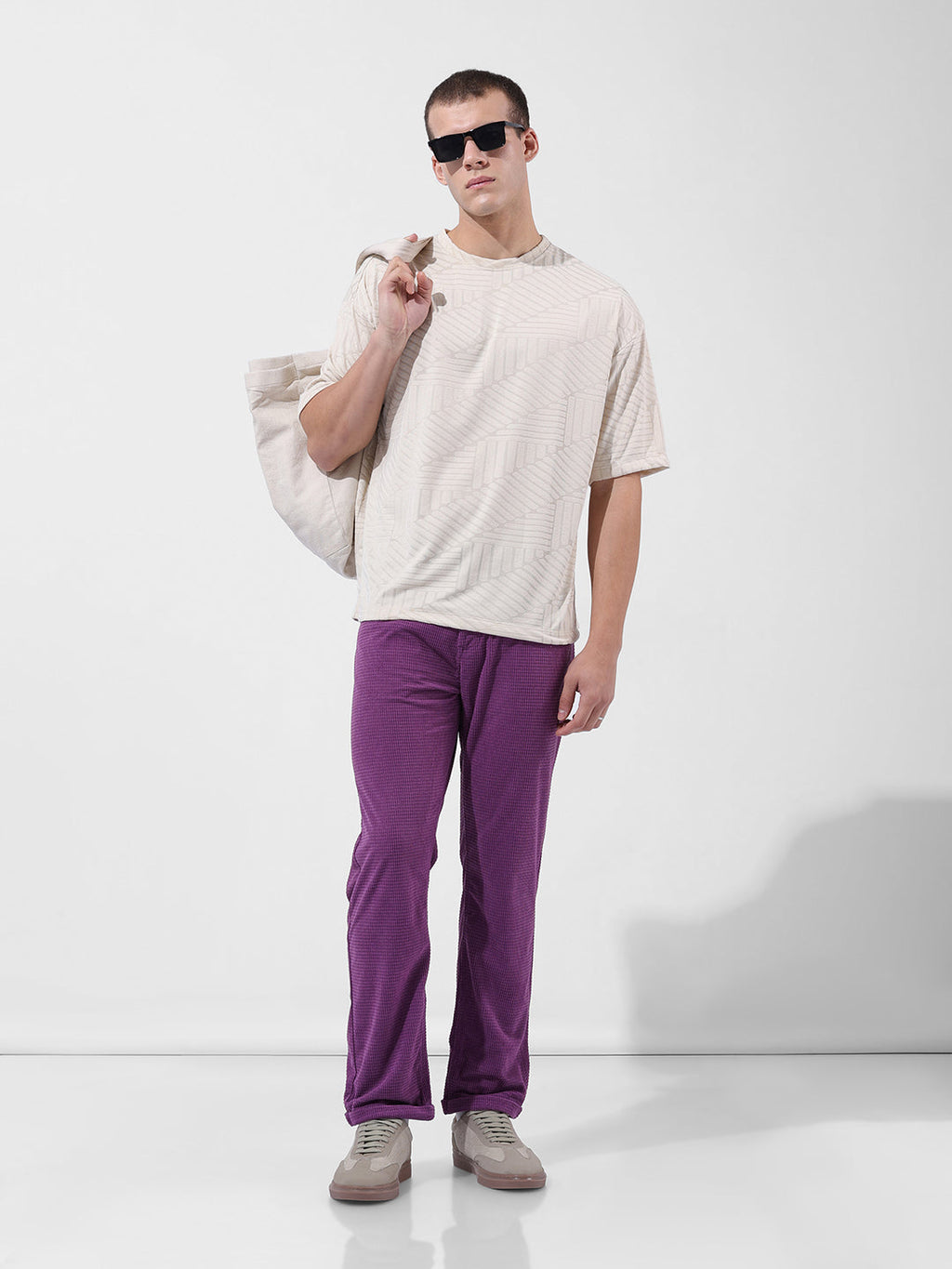 Men's Dusty Grape Straight Fit Textured Casual Trouser