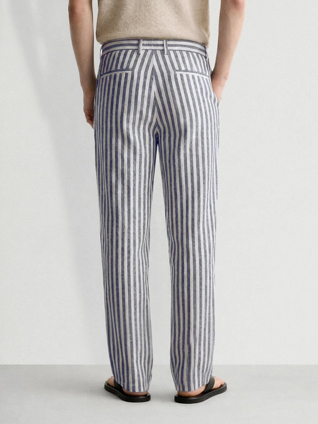 Men's Cream Loose Fit Vertical Stripes Casual Trousers