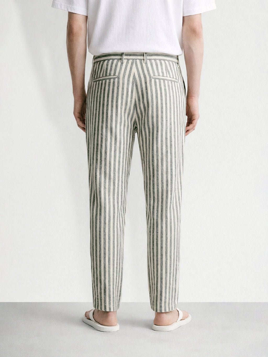 Men's Cream Loose Fit Vertical Stripes Casual Trousers