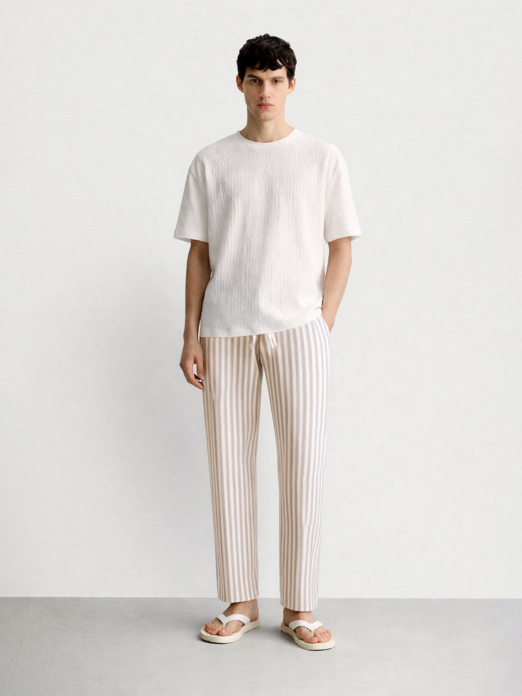 Men's Cream Loose Fit Vertical Stripes Casual Trousers