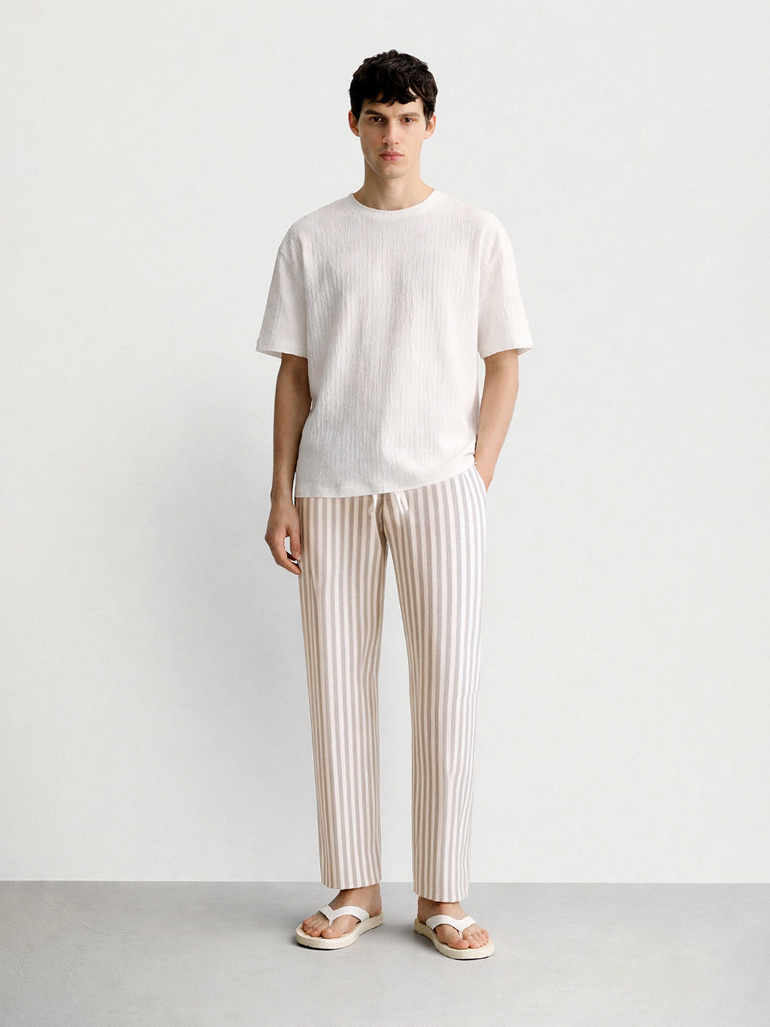 Men's Cream Loose Fit Vertical Stripes Casual Trousers