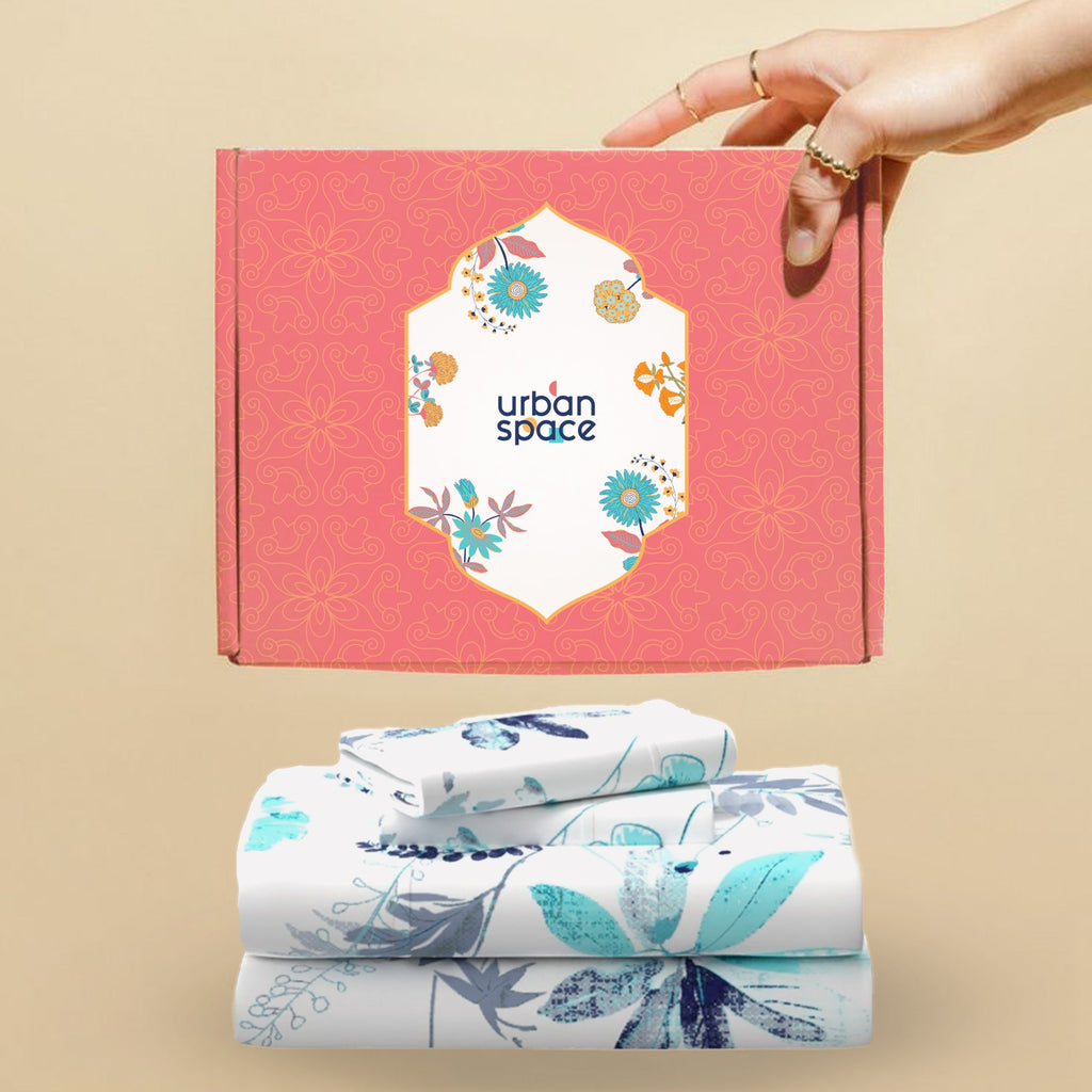 Serene 200 TC 100% Cotton Bedsheet with Pillow Covers - Floral Feast Turquoise