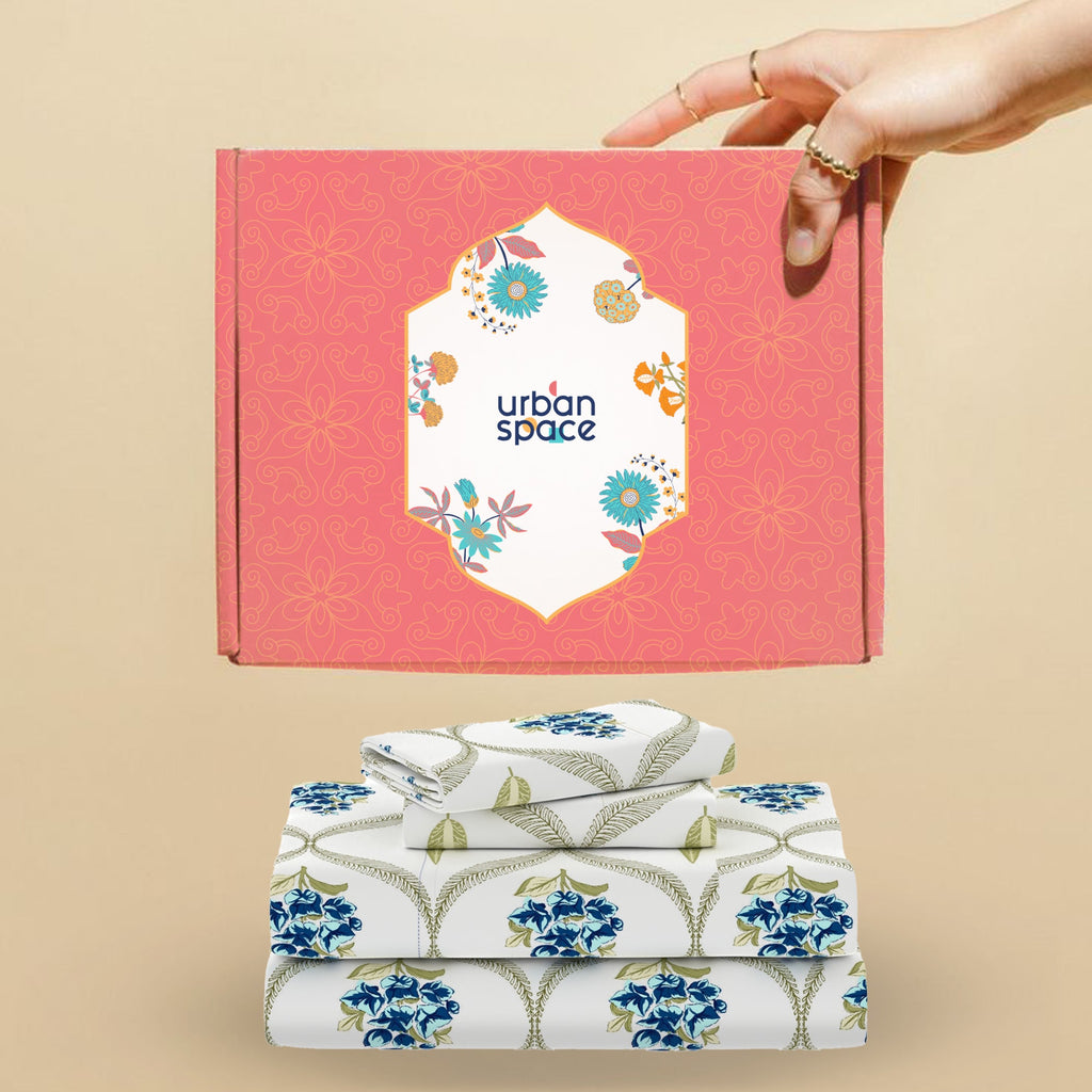 Serene Collection - Breathable 200 TC 100% Pure Cotton Bedsheet with Pillow Cover, Floral Moroccan - Blue
