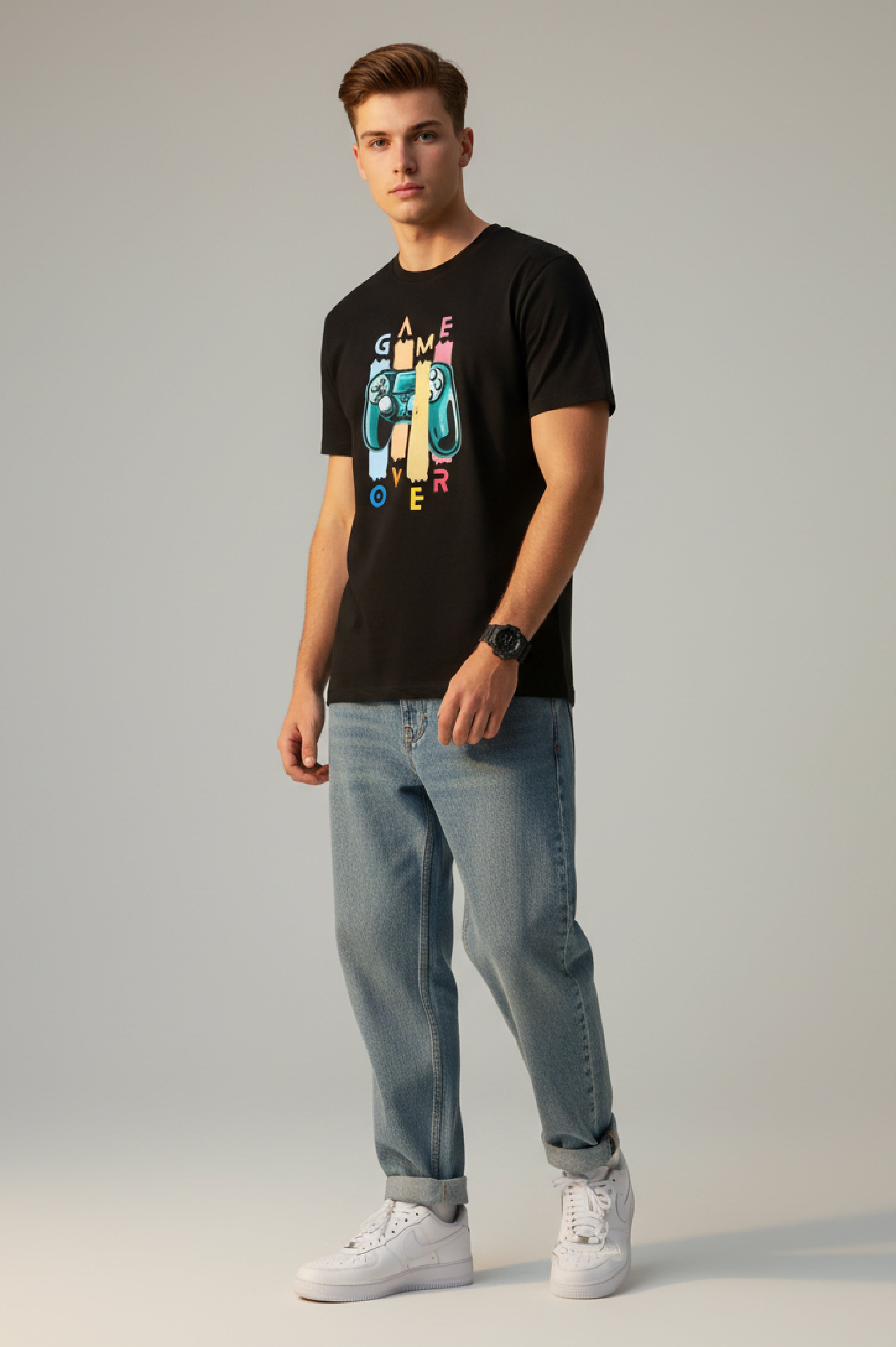Men Printed Black Cotton Tshirt