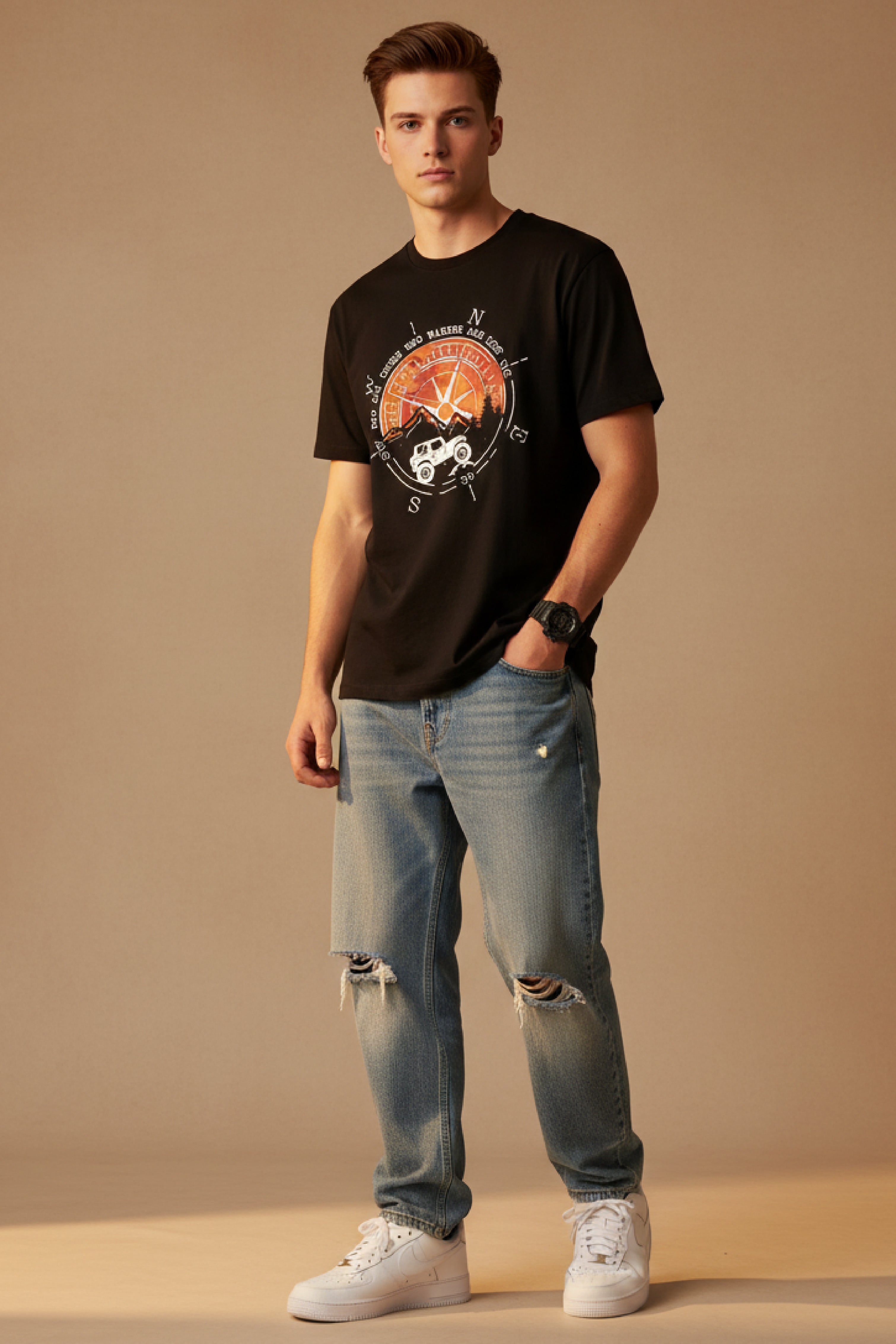 Men Printed Black Cotton Tshirt