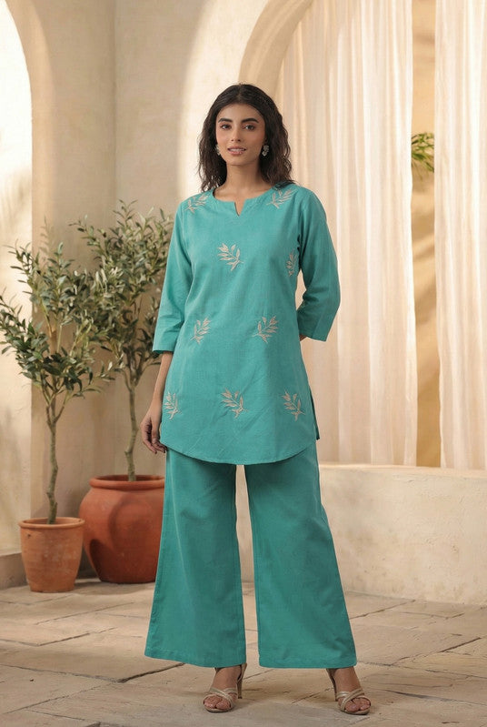 Teal Minimal Embroidered Leaf Motif Cotton Flex Co-ord Set