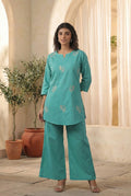 Teal Minimal Embroidered Leaf Motif Cotton Flex Co-ord Set