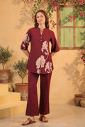 Wine Elegant Design Floral Leaf Printed Cotton Top & Pant Co-ord Set