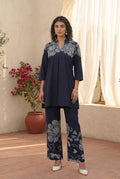 Navy Blue Elegant Floral Cotton Co-ord Set