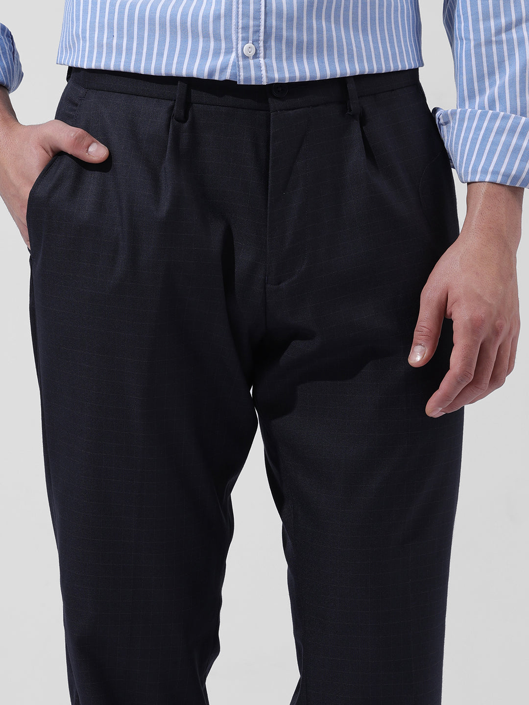 Men's Dark Grey Regular Fit Checkered Formal Trouser