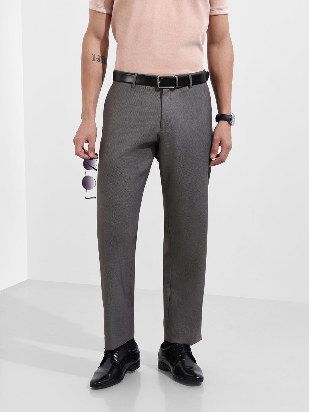 Men's Grey Regular Fit Solid Formal Trouser