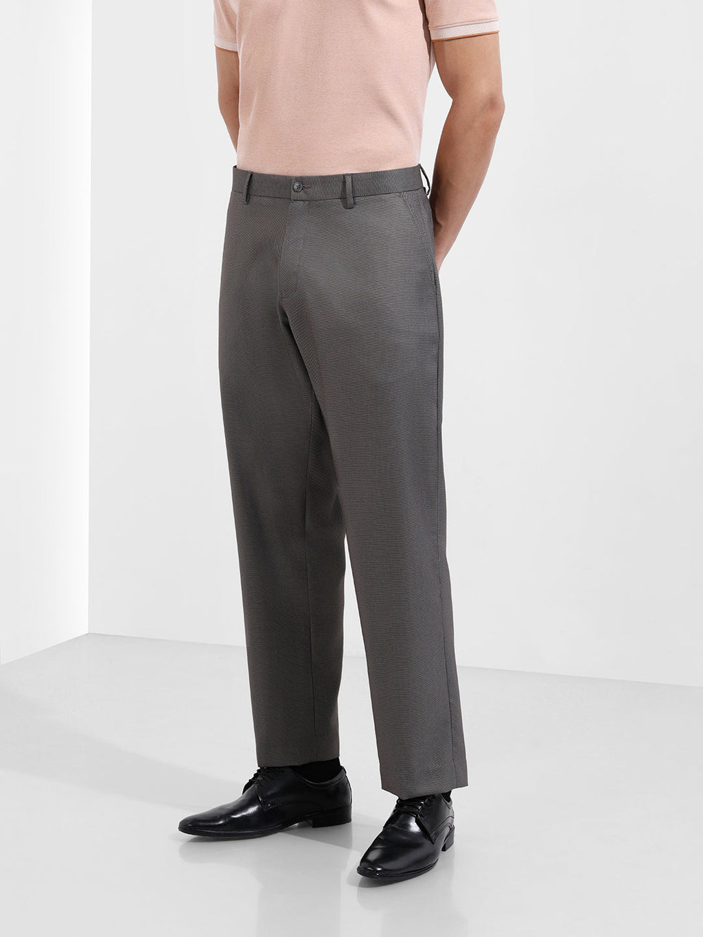 Men's Grey Regular Fit Solid Formal Trouser