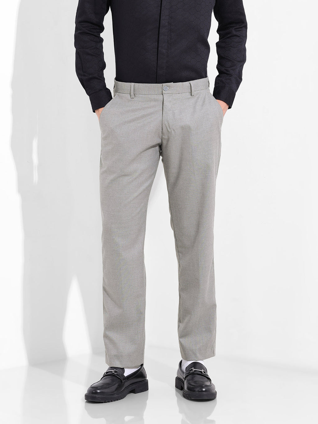 Men's Grey Regular Fit Solid Formal Trouser