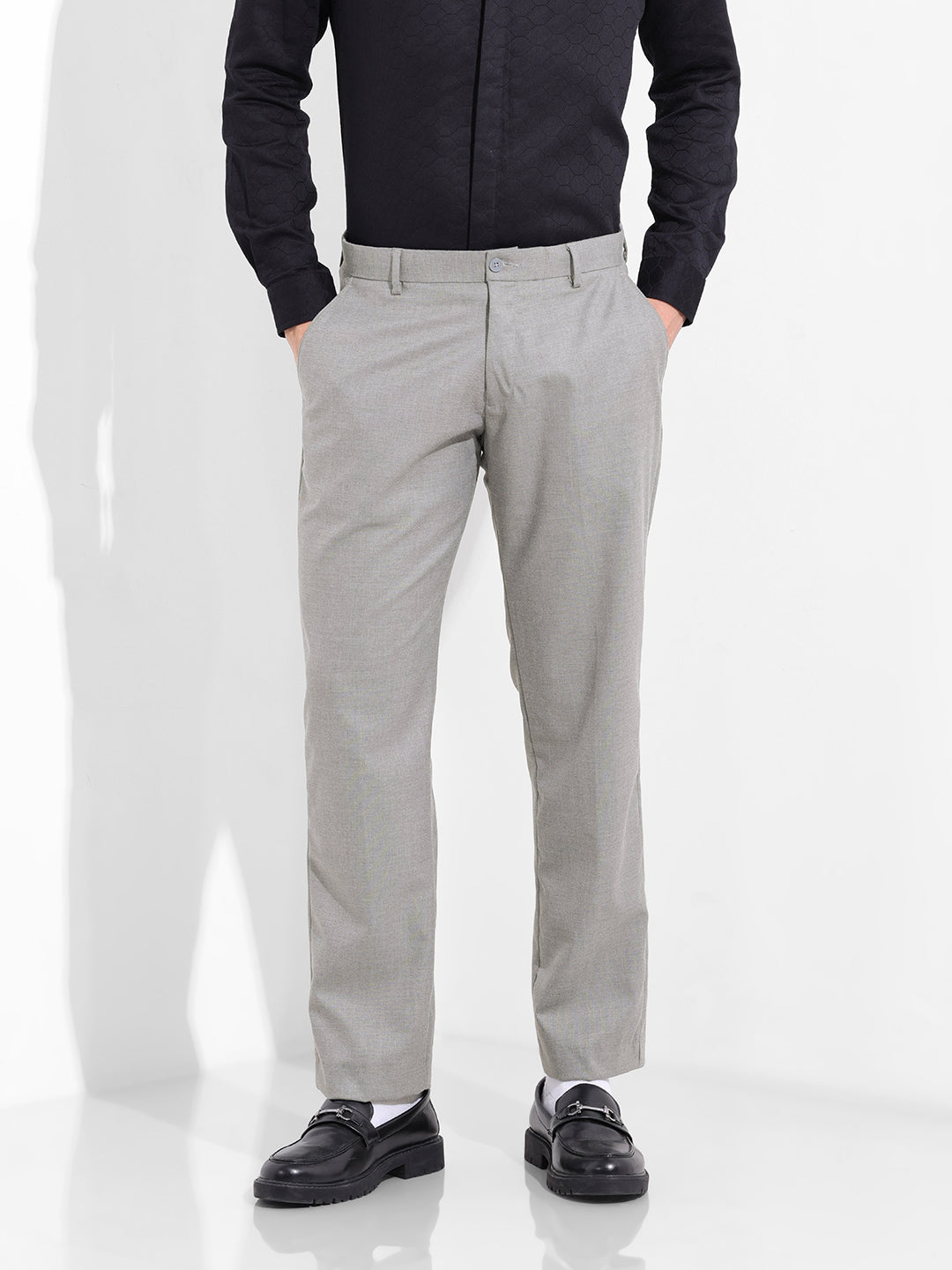 Men's Grey Regular Fit Solid Formal Trouser