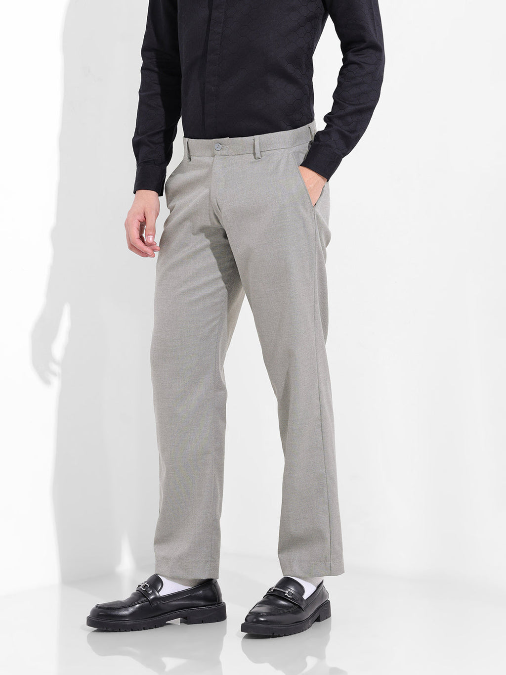 Men's Grey Regular Fit Solid Formal Trouser