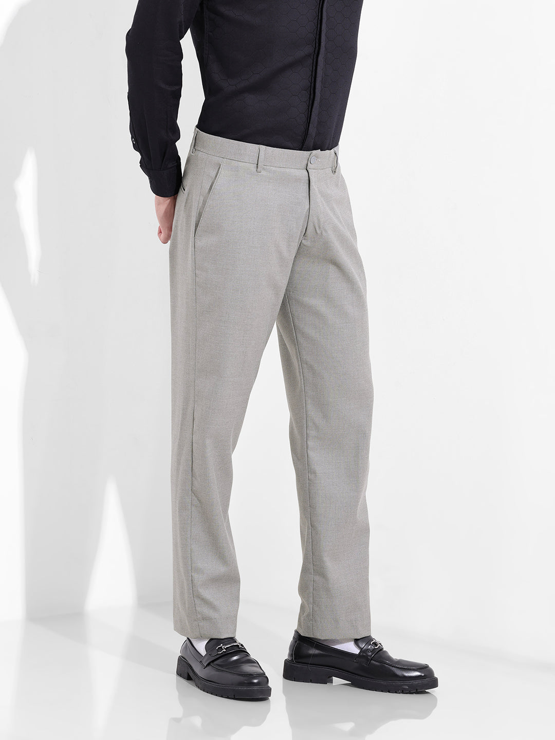 Men's Grey Regular Fit Solid Formal Trouser