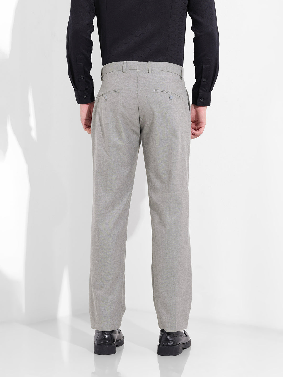 Men's Grey Regular Fit Solid Formal Trouser