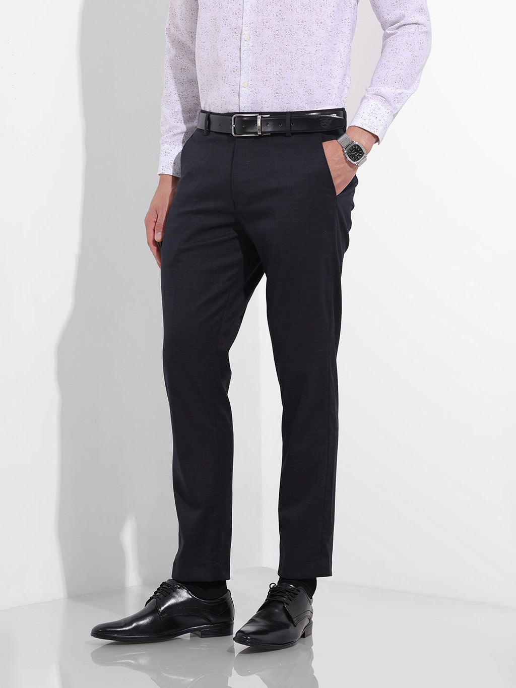 Men's Dark Grey Slim Fit Checkered Formal Trouser