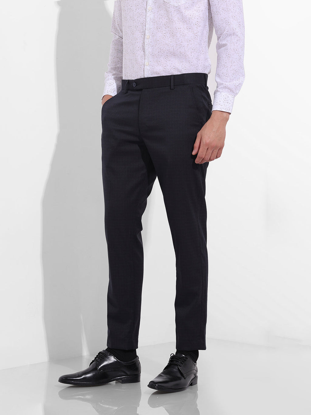 Men's Dark Grey Slim Fit Checkered Formal Trouser
