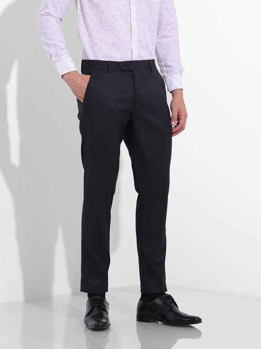 Men's Dark Grey Slim Fit Checkered Formal Trouser