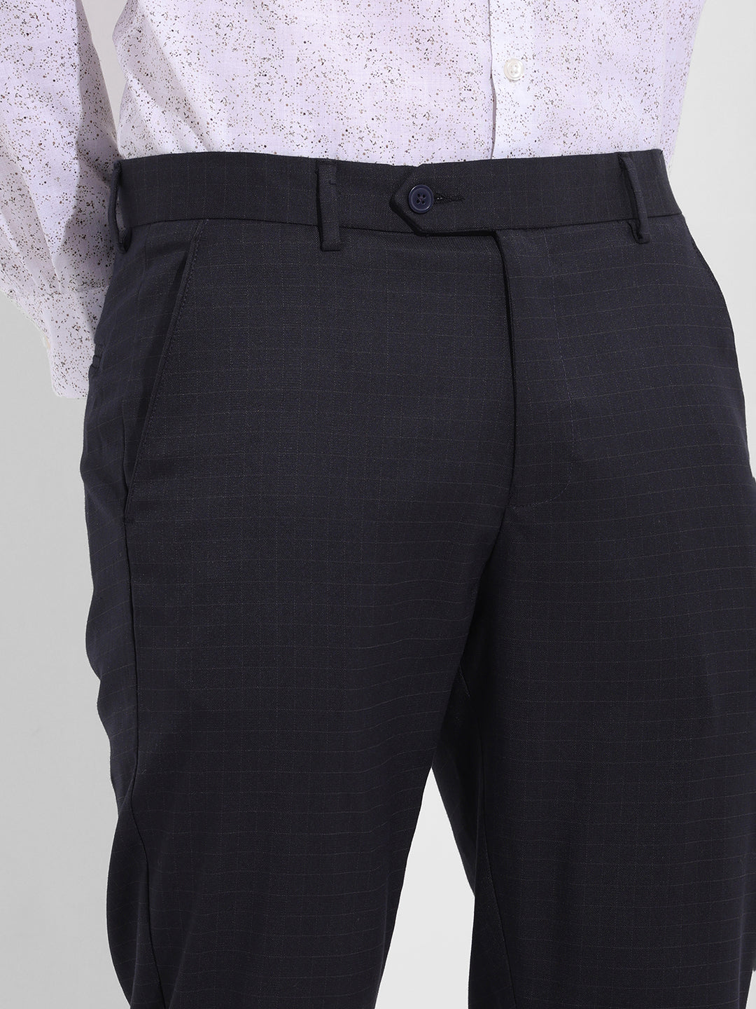 Men's Dark Grey Slim Fit Checkered Formal Trouser
