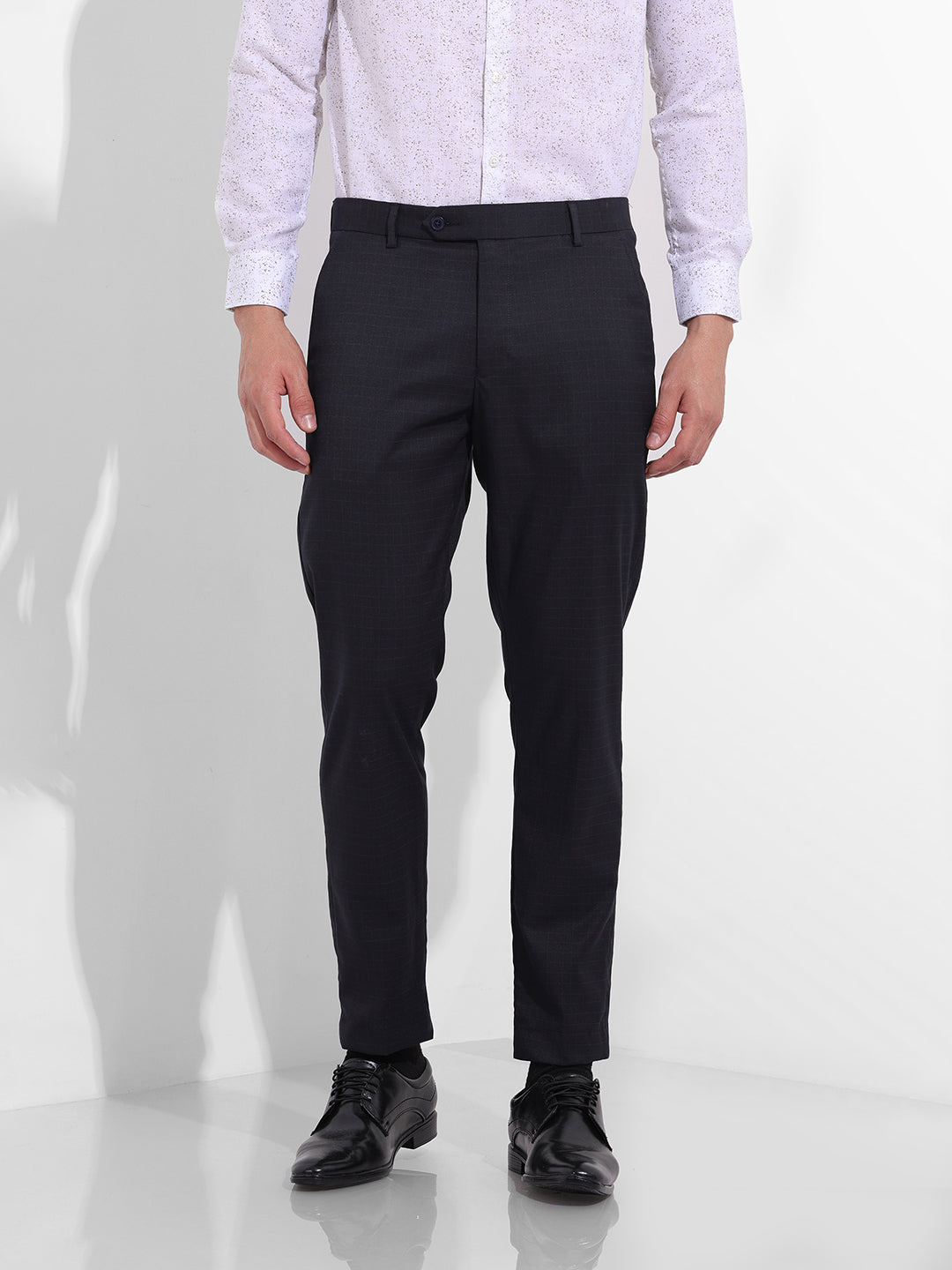 Men's Dark Grey Slim Fit Checkered Formal Trouser