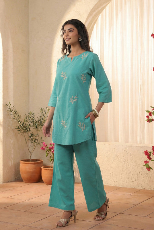 Teal Minimal Embroidered Leaf Motif Cotton Flex Co-ord Set