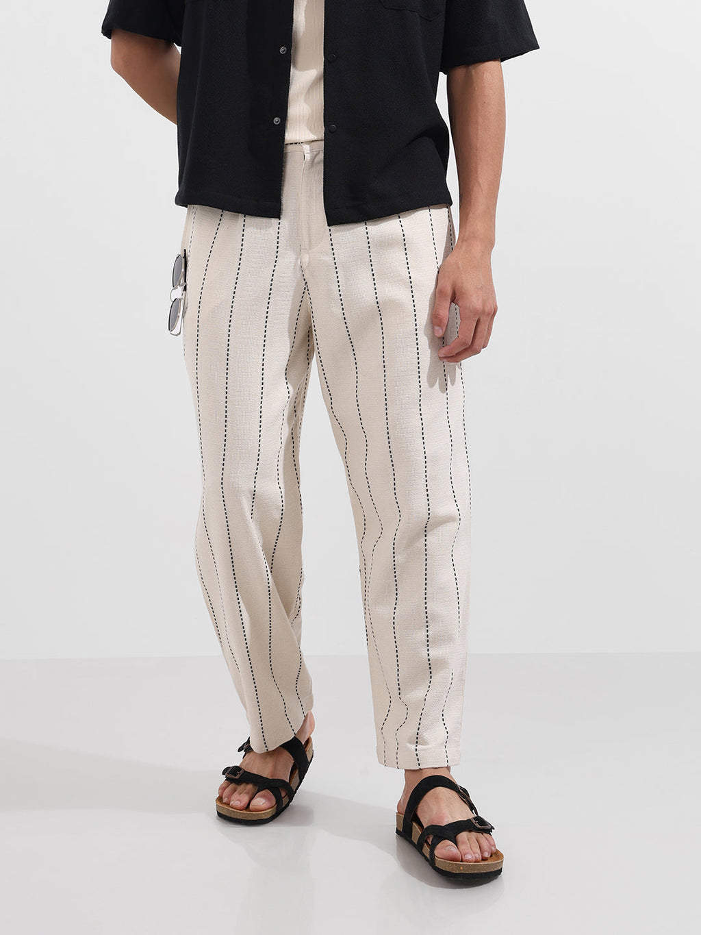 Men's Cream Relaxed Fit Resort Wear Vertical Stripes Trousers