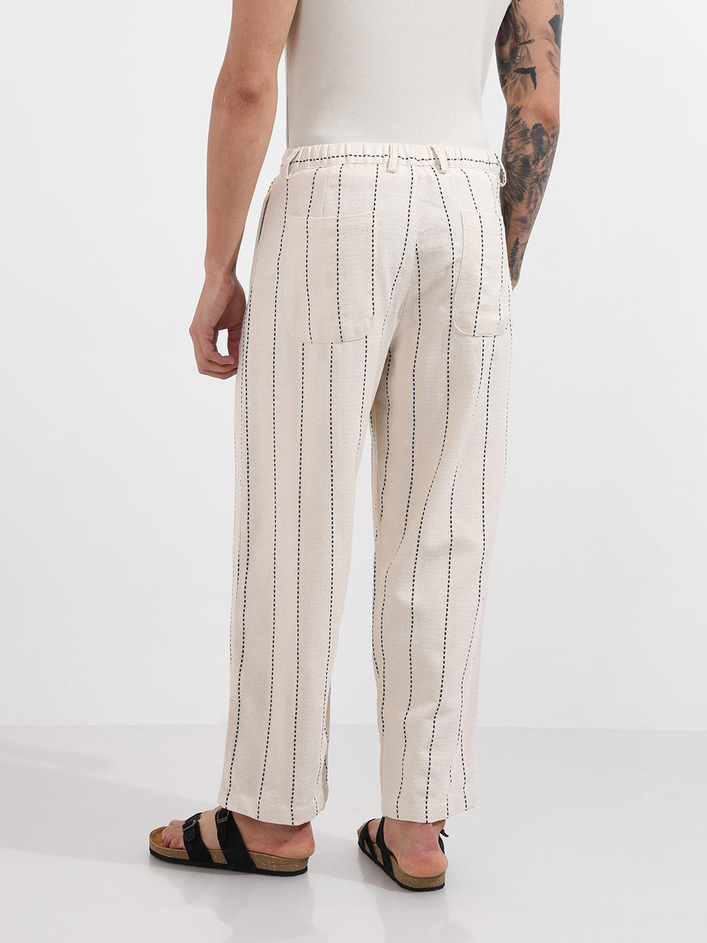 Men's Cream Relaxed Fit Resort Wear Vertical Stripes Trousers