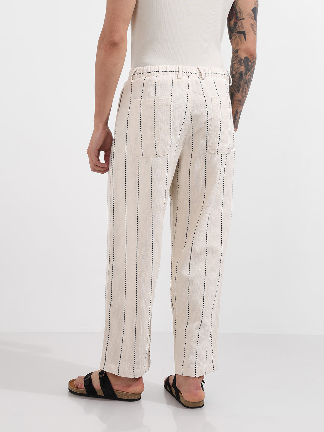 Men's Cream Relaxed Fit Resort Wear Vertical Stripes Trousers