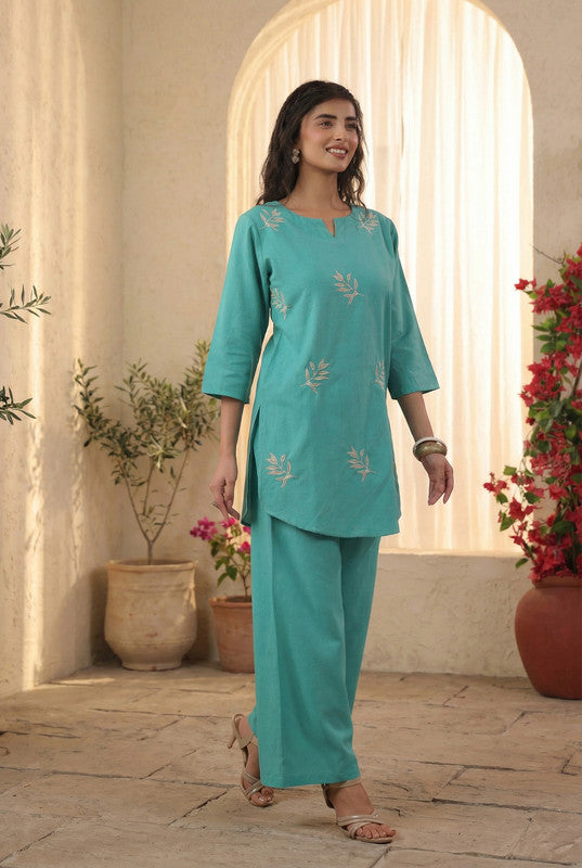 Teal Minimal Embroidered Leaf Motif Cotton Flex Co-ord Set