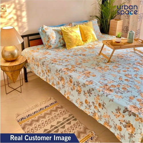 Serene Collection - 200 TC 100%  Cotton Double Bedsheet with 2 Pillow Covers, Printed Aqua Blue