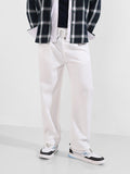 Men's White Relaxed Fit Textured Casual Trousers